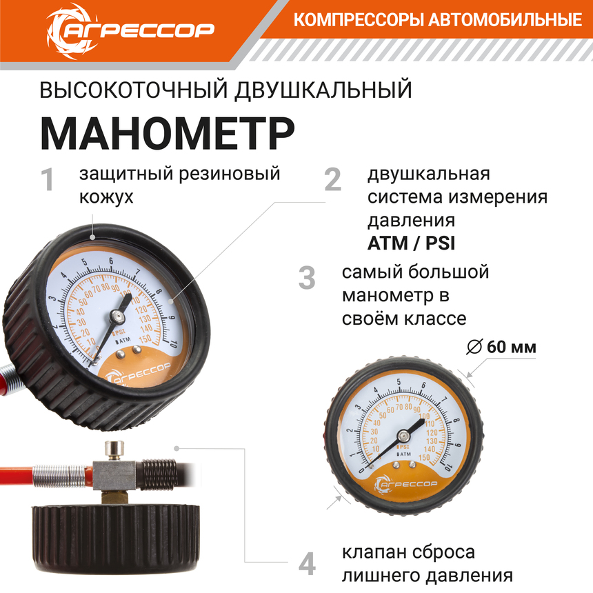 Компрессор автомобильный 160 л./мин. "АГРЕССОР" AGR-160