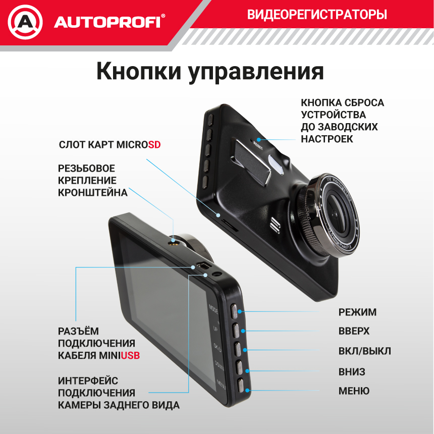 Видеорегистратор, 1080Р, угол обзора 140°, дисплей 4", камера заднего вида DVR-4001T