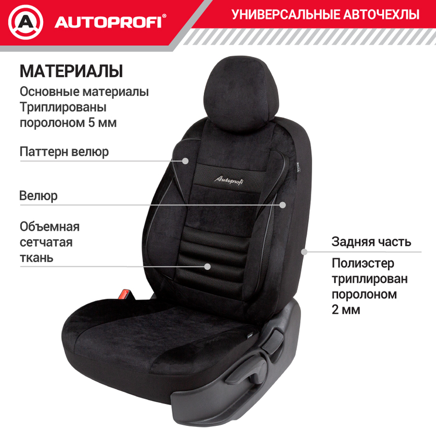 Авточехлы, серия Premium, Combo Comfort. Велюр, 5 мм. поролон, 4 молнии на заднем сидении, 11 предметов. CMB-1105PV BK/BK
