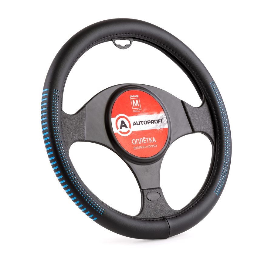 Оплётка руля AUTOPROFI из экокожи AP-1910 BK/BL (M)