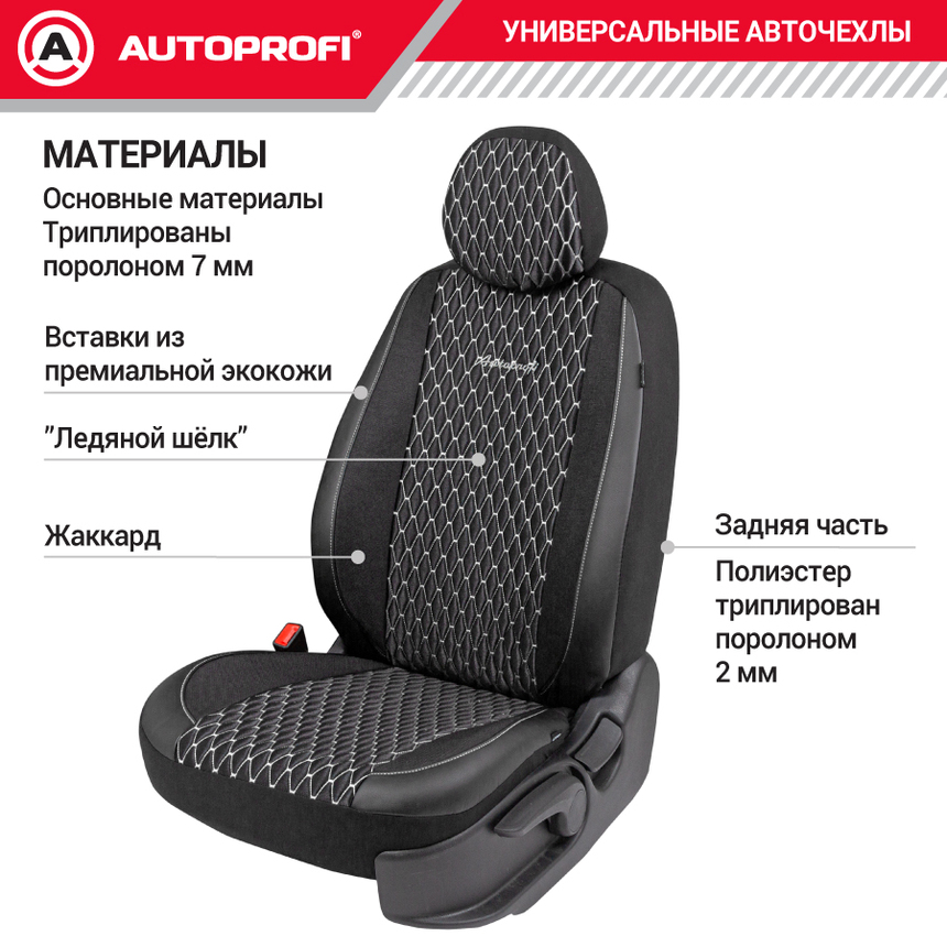 Авточехлы, серия Premium, Black Ice. "Ледяной шёлк", лён, премиальная экокожа, 7 мм. поролон, 4 молнии на заднем сидении, 11 предметов. ICE-1107 BK/WH
