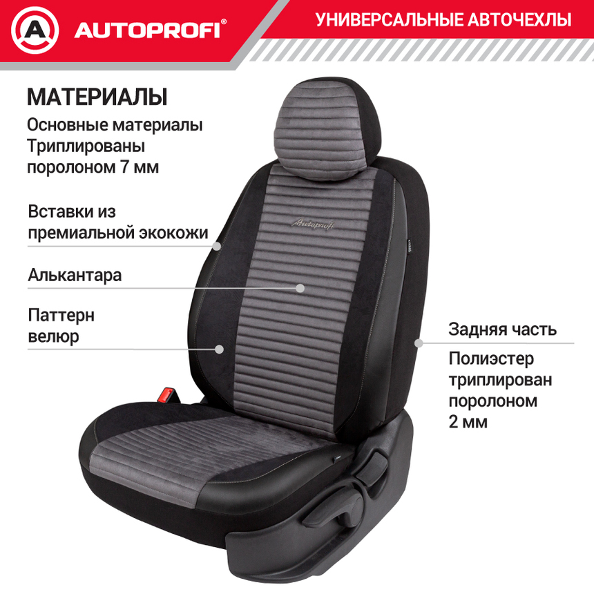 Авточехлы, серия Premium, Modena. Алькантара, паттерн-велюр, премиальная экокожа, 7 мм. поролон, 4 молнии на заднем сидении, 11 предметов. MOD-1107 BK/D.GY