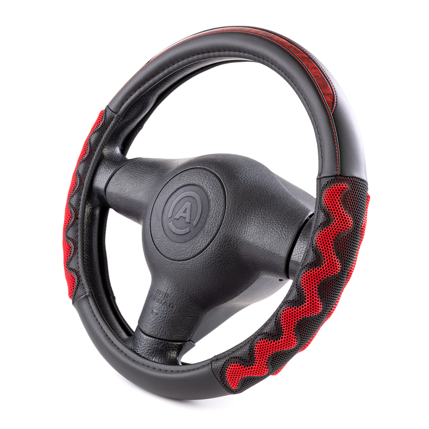 Оплётка руля AUTOPROFI из экокожи AP-1968 BK/RD (M)