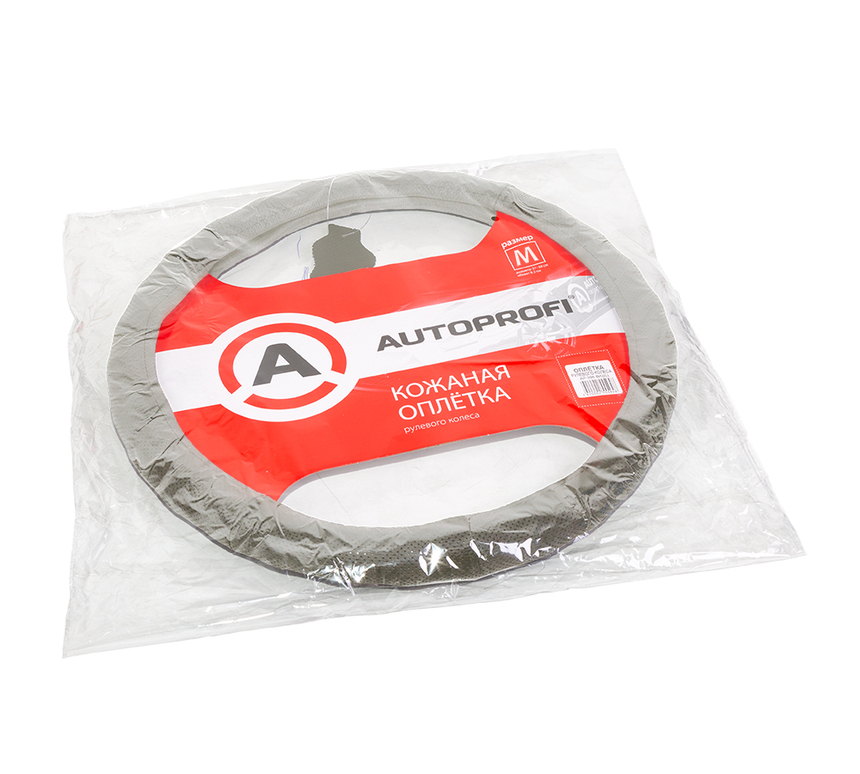 Кожаная оплётка руля AUTOPROFI AP-396 D.GY (M)