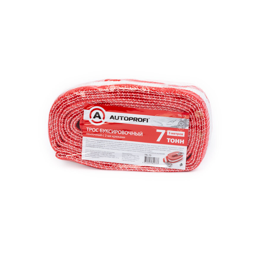 Трос буксировочный ленточный "AUTOPROFI" 7 т, 5 м, 2 крюка, термоупаковка TRL-70