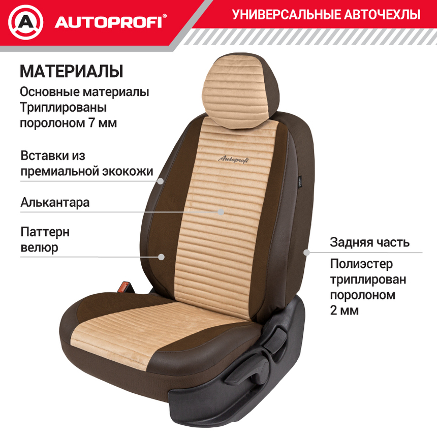 Авточехлы, серия Premium, Modena. Алькантара, паттерн-велюр, премиальная экокожа, 7 мм. поролон, 4 молнии на заднем сидении, 11 предметов. MOD-1107 BR/BE