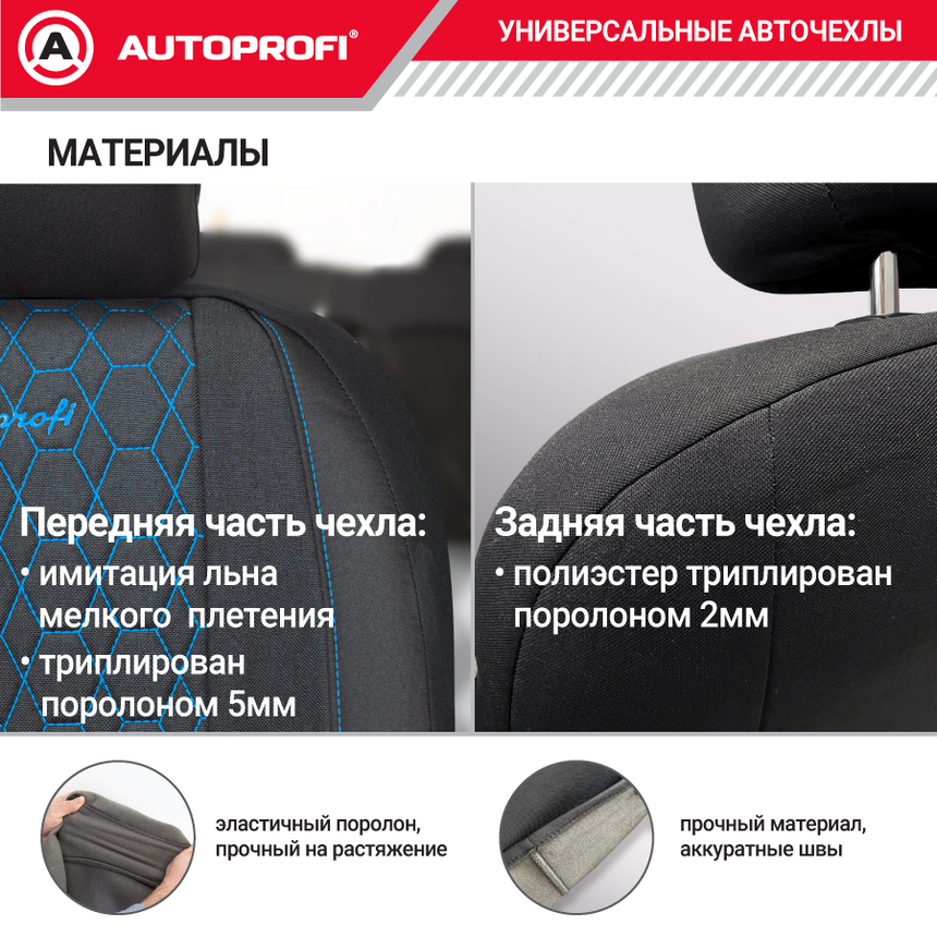 Комплект чехлов на сиденья VERONA, материал лён VER-1505 BK/BL Комплект чехлов на сиденья VERONA, материал лён VER-1505 BK/BL