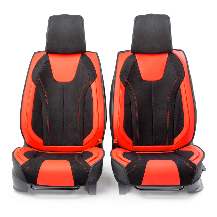 Каркасные 3D накидки на передние сиденья "Car Performance", 2 шт., экокожа/алькантара CUS-3034 BK/RD Каркасные 3D накидки на передние сиденья "Car Performance", 2 шт., экокожа/алькантара CUS-3034 BK/RD