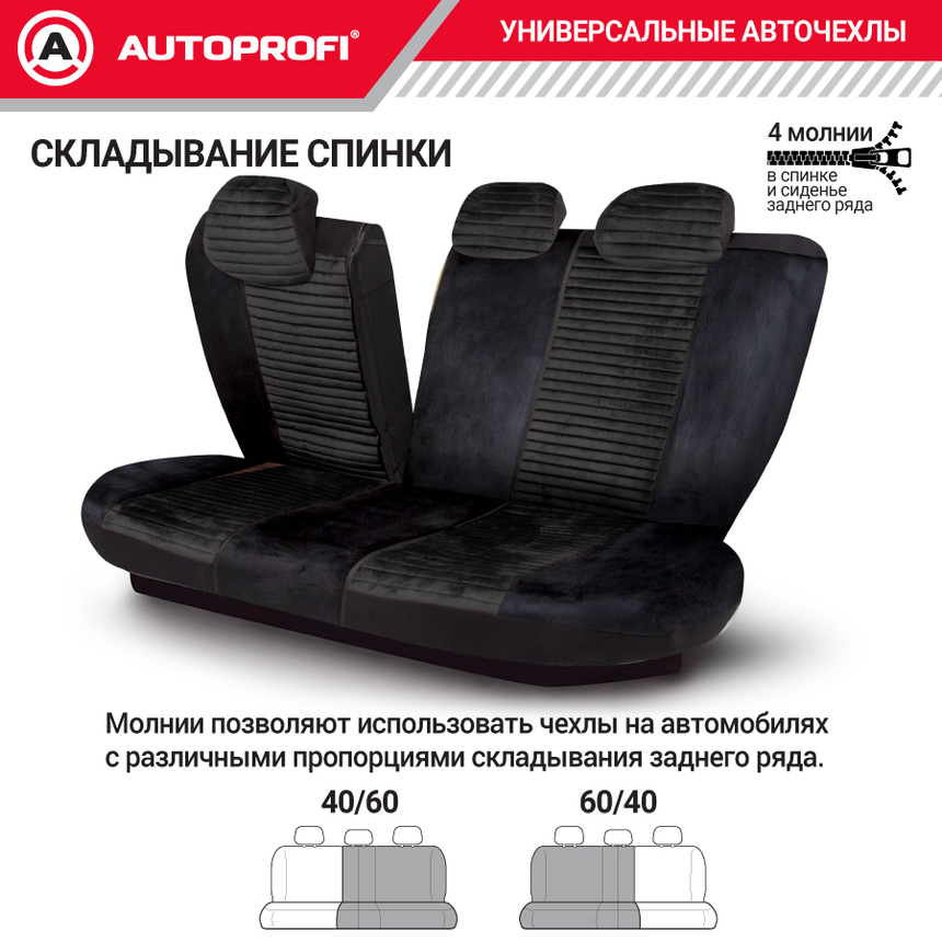 Авточехлы, серия Premium, Modena. Алькантара, паттерн-велюр, премиальная экокожа, 7 мм. поролон, 4 молнии на заднем сидении, 11 предметов. MOD-1107 BK/BK