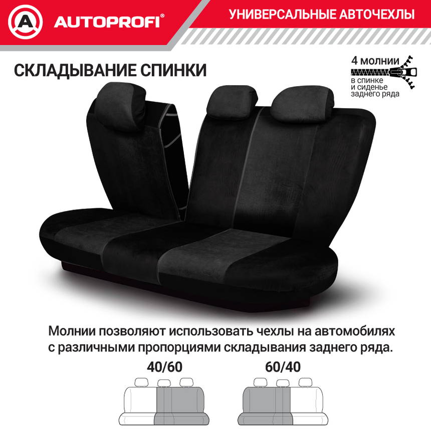 Авточехлы, серия Premium, Combo Comfort. Велюр, 5 мм. поролон, 4 молнии на заднем сидении, 11 предметов. CMB-1105PV BK/BK