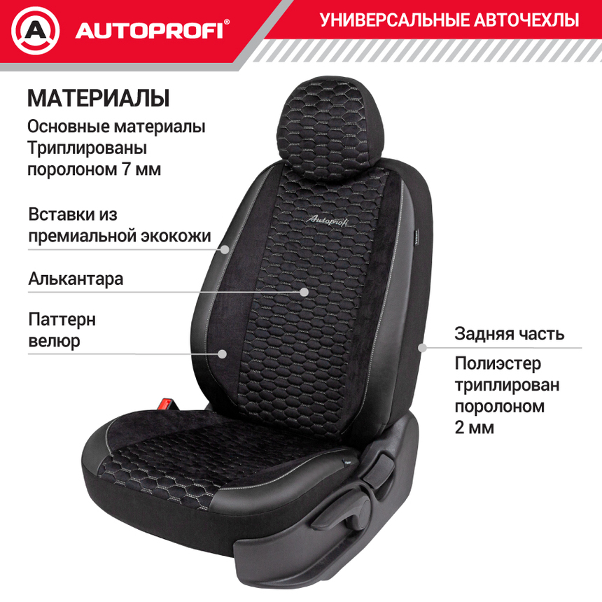 Авточехлы, серия Premium, Verossa. Паттерн велюр, премиальная экокожа, 7 мм. поролон, 4 молнии на заднем сидении, 11 предметов.  VRS-1107 BK/WH