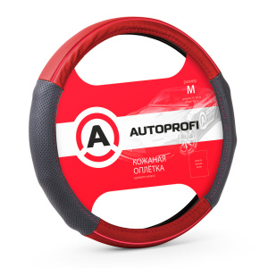 Кожаная оплётка руля AUTOPROFI AP-1060 BK/RD (M)