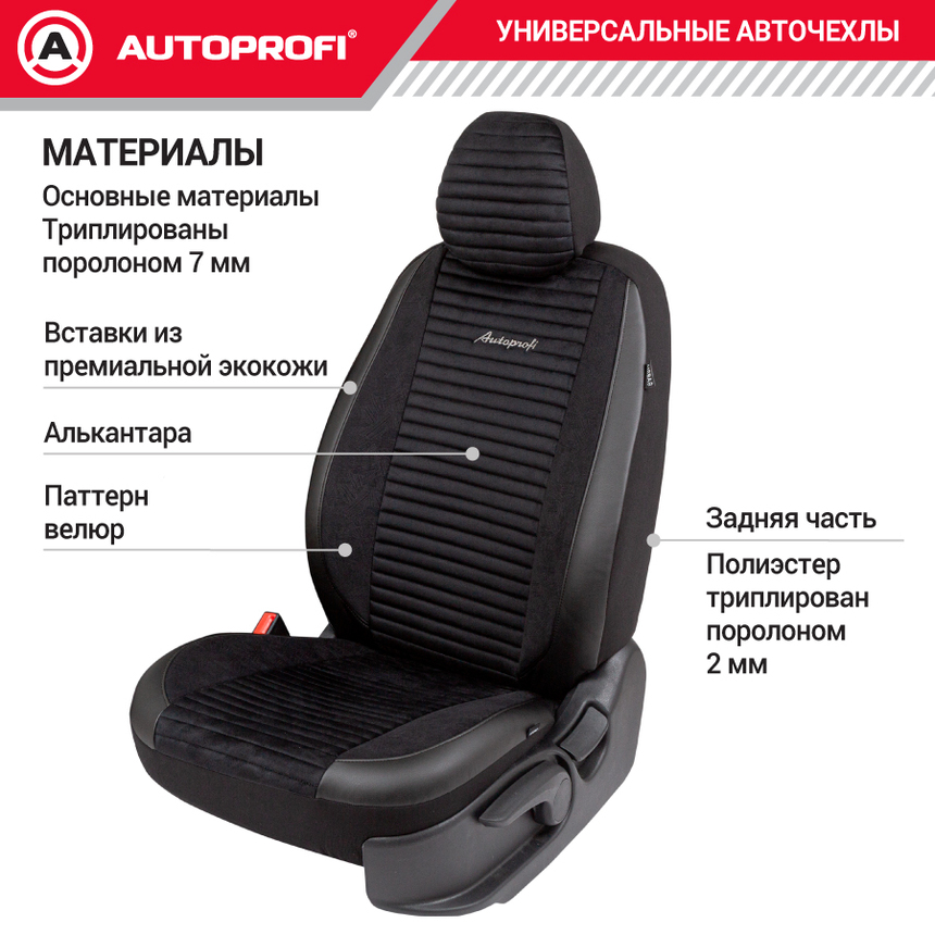 Авточехлы, серия Premium, Modena. Алькантара, паттерн-велюр, премиальная экокожа, 7 мм. поролон, 4 молнии на заднем сидении, 11 предметов. MOD-1107 BK/BK