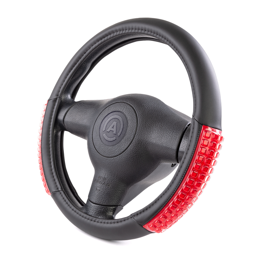 Оплётка руля AUTOPROFI из экокожи AP-1947 BK/RD (M)