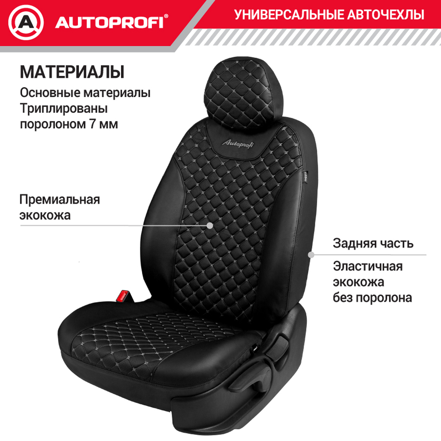 Авточехлы, серия Premium, Guardian. Премиальная экокожа, 7 мм. поролон, 4 молнии на заднем сидении, 11 предметов. GRD-1107GF BK/BK/D.GY