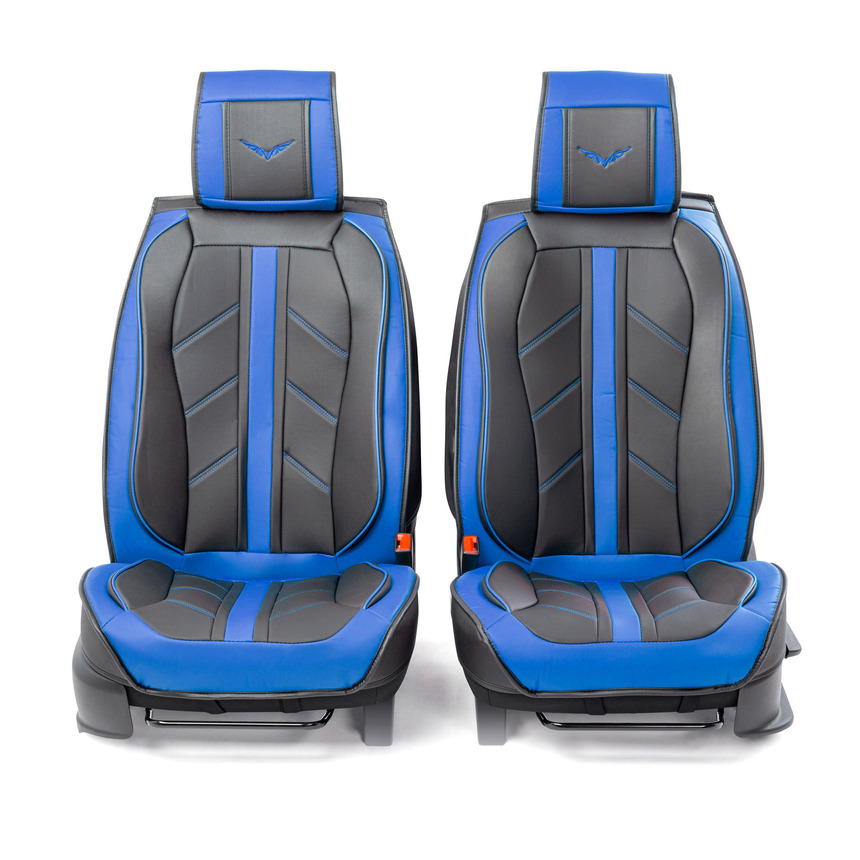 Каркасные 3D накидки на передние сиденья "Car Performance", 2 шт., экокожа CUS-3012 BK/BL Каркасные 3D накидки на передние сиденья "Car Performance", 2 шт., экокожа CUS-3012 BK/BL