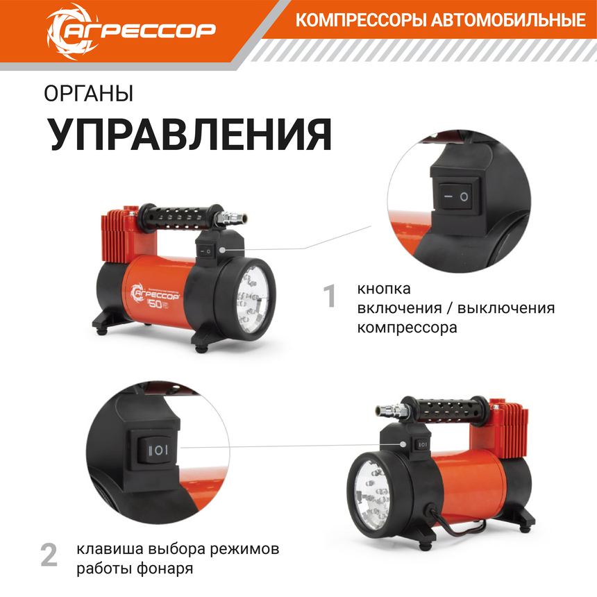 Компрессор автомобильный "АГРЕССОР" 50л/мин AGR-50L