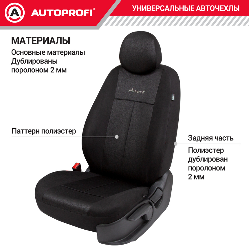 Авточехлы, серия Standard, Pattern. Паттерн полиэстер, 2 мм. поролон, 11 предметов. PAT-1102 BK/BK