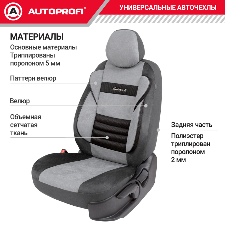 Авточехлы, серия Premium, Combo Comfort. Велюр, 5 мм. поролон, 4 молнии на заднем сидении, 11 предметов. CMB-1105PV D.GY/L.GY