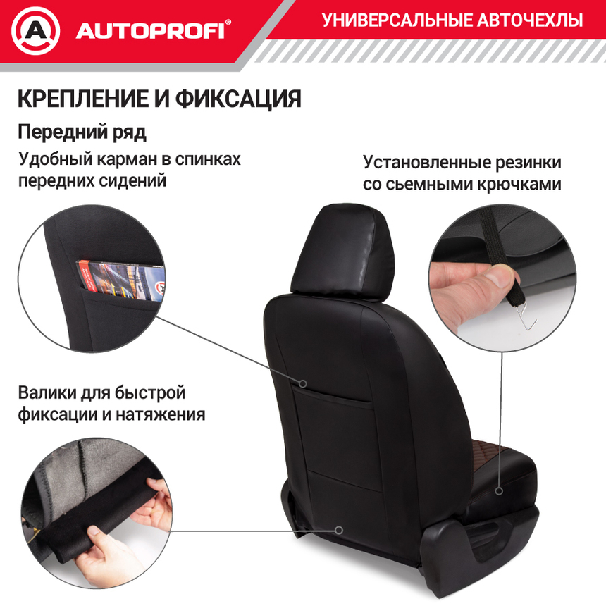 Авточехлы, серия Premium, Guardian. Премиальная экокожа, 7 мм. поролон, 4 молнии на заднем сидении, 11 предметов. GRD-1107GF BK/BR/BR